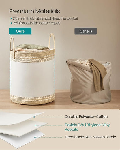 SONGMICS Laundry Hamper, Cotton Rope Laundry Basket with Handles, for Clothing, Living Room, Bedroom, 15.8 Gallons, 16.1 x 16.1 x 18.1 Inches, Cloud White and Camel Brown URLH060K01