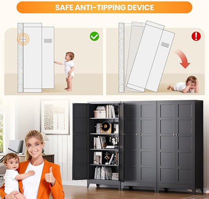 72" Tall Kitchen Cabinet Storage Unit With 2 Doors and 4 Adjustable Shelves, Metal Black Freestanding Cupboard, 5 Tier Kitchen Pantry Storage Cabinet for Kitchen Dining/Living Room/Garage/Home/Office