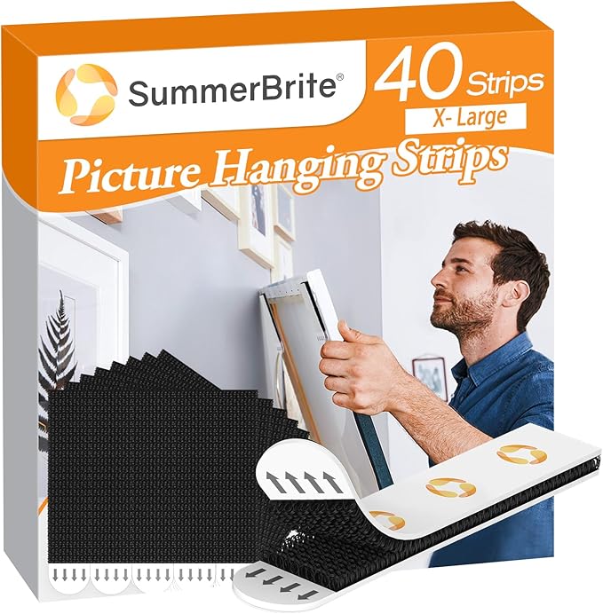 XL Picture Hanging Strips Heavy Duty, 40 Strips Damage Free Removal Picture Hangers for Wall, Sticky Hook & Loop Adhesive Strips for Poster/Picture/Home/Office, 20 Pairs/X-Large, Black