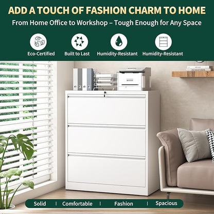 Lateral File Cabinet with Lock, 3 Drawer Metal File Cabinets for Home Office, Large Filing Storage Cabinet Printer Stand, Steel Wide File Cabinet for Legal/A4/F4/Letter Size Files, White
