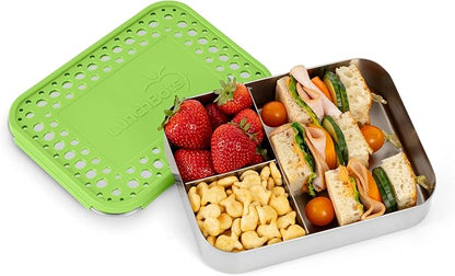 LunchBots Large Trio Stainless Steel Lunch Container -Three Section Design for Sandwich and Two Sides - Metal Bento Lunch Box - Eco-Friendly - Stainless Lid - Green Dots