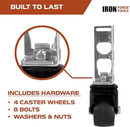 Iron Forge Tools Rolling Storage Rack Caster Wheels Heavy Duty - Set of 4 Locking Caster 3 Inch 1360 lb. Capacity for Boltless Self Locking Shelving Racks, Nylon and Steel Ball Bearing Wheels
