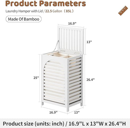 FILWH Laundry Hamper with Lid (16.9 * 13 * 26.5inches) Large Bamboo Laundry Bin Basket 85L Clothes Hamper with 1 Removable Bag Storage baskets for Bathroom (White)