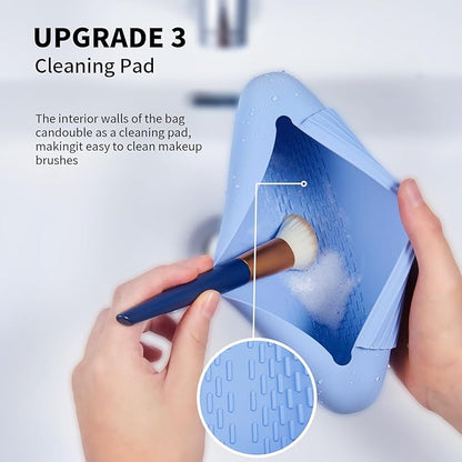 Silicone Makeup Brush Holder Travel Cosmetic Bag：Soft Portable Cosmetic Face Brushes Holder with Upgrade Anti-Fall Out Magnetic Closure, Large Travel Makeup Brush Case - Blue