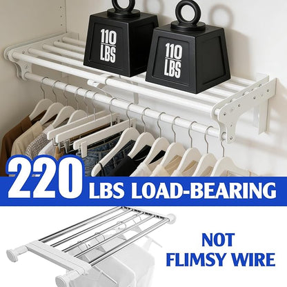 Closet Shelf with Hanging Rod, 28-48'' Expandable Wall Mounted & Side Wall Mounted Steel Clothes Rack with Top Shelf, Holds 220 lb Heavy Duty Closet Rod DIY Divider Separtor for Cabinet Wardrobe