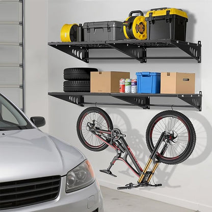 Garage Shelving 2x2ft 4-Pack, Garage Storage Rack 24"x24" Metal Shelves Black Wall Mounted with rods & 4 Hooks, Heavy Duty Wall Shelving Floating Shelves, 880lbs Total load Capacity