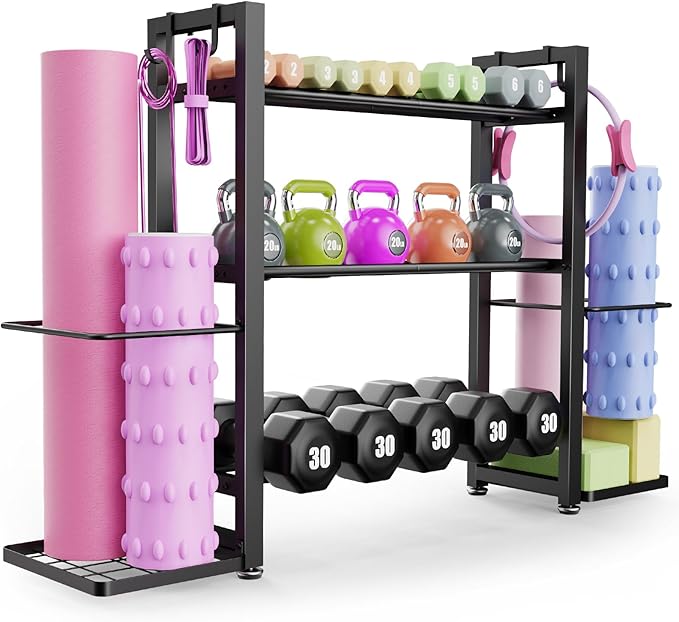 3-Tier Small Adjustable Dumbbell Rack, 450LBS Capacity Home Gym Weight Rack with Yoga Mat Holder & Hooks, Space Saving Workout Equipment Storage Organizer, Tool-free Assembly