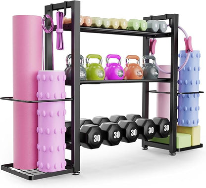3-Tier Small Adjustable Dumbbell Rack, 450LBS Capacity Home Gym Weight Rack with Yoga Mat Holder & Hooks, Space Saving Workout Equipment Storage Organizer, Tool-free Assembly