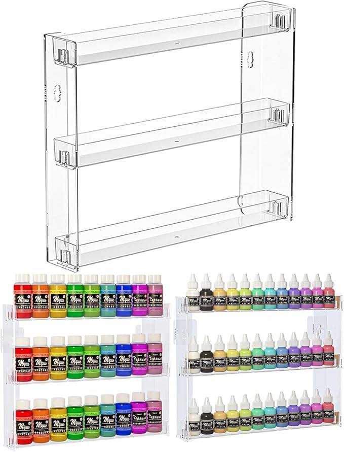 3 Tier Display Rack, Clear Paint Rack Wall-Mount (No Drill), Acrylic Craft Paint Storage Organizer, Miniature Holder for 2oz Bottle, Nail Polish Organizer, Badges, Mini Figures (1)