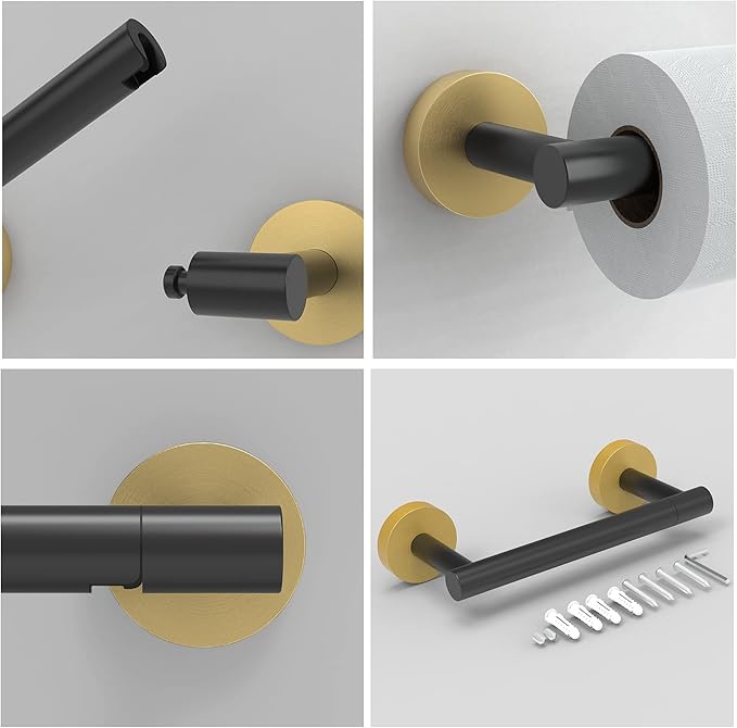 Black and Gold Toilet Paper Holder SUS304 Stainless Steel Double Post Pivoting Toilet Paper Roll Holder Wall Mounted Tissue Holder for Commercial Bathroom RV Matte Black & Brushed Brass Finish
