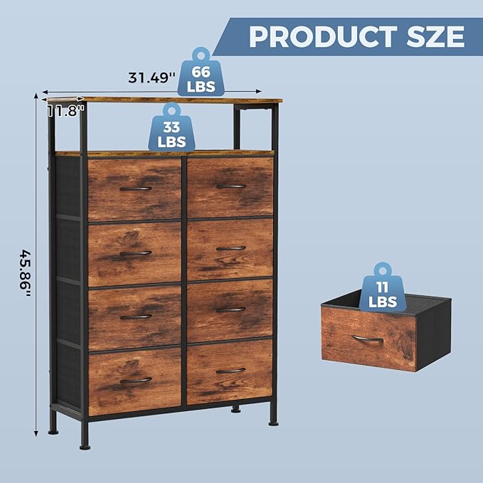 DUMOS TV Stands for Living Room with 8 Drawers, Tall 8-Drawer Chest of Drawers with Raised Shelf, Storage Tower with Fabric Bins for Organization, Hallway Storage, Black