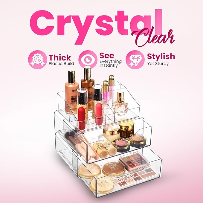 Masirs Clear Makeup Organizer - Acrylic Cosmetic Vanity Storage Organizers for Girls Dresser, Bathroom, Desk Counter - Plastic Make Up Holder, Jewelry Box (2-Drawer | Multi Compartments)