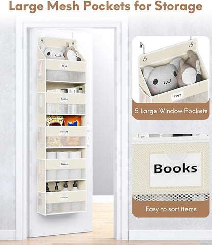Over The Door Organizer Hanging, 5 Shelf Behind The Doors Storage, Pantry Door Organizer, Closet Organizers for Bedroom and Nursery (Beige)