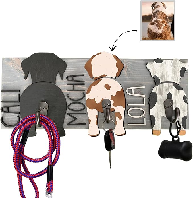 Personalized Dog Leash Holder for Wall Custom Name, Wooden Dog Butt Leash Hook, Decorative Key Rack Hooks Hanger for Entryway, Hallway, Farmhouse Dog Items Storage Organizer (3 Dog)