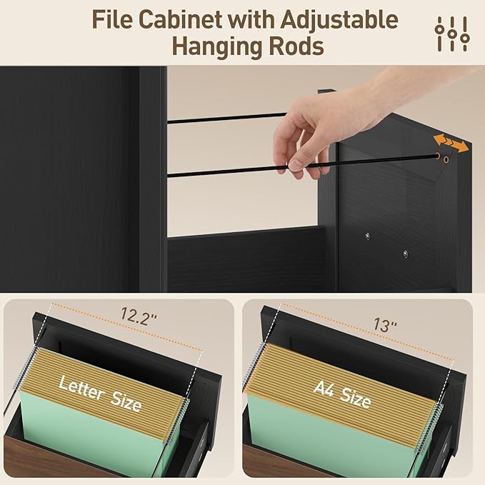 3 Drawer File Cabinet with Lock, Wooden Farmhouse Filing Cabinet with Storage Fits Letter and A4 Size, Vertical Printer Stand for Home Office, Rustic Brown and Black