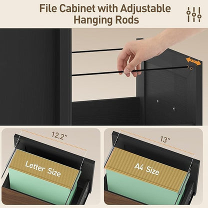 3 Drawer File Cabinet with Lock, Wooden Farmhouse Filing Cabinet with Storage Fits Letter and A4 Size, Vertical Printer Stand for Home Office, Rustic Brown and Black