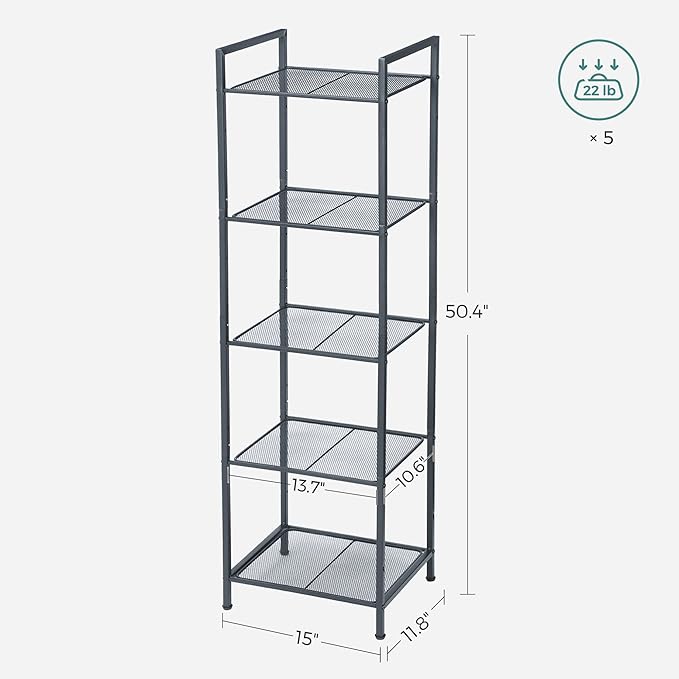 SONGMICS 5-Tier Storage Rack, Bathroom Shelf, Extendable Plant Stand with Adjustable Shelf, for Bathroom, Living Room, Balcony, Kitchen, Black UBSC35BK, 11.8 x 15 x 50.4 Inches