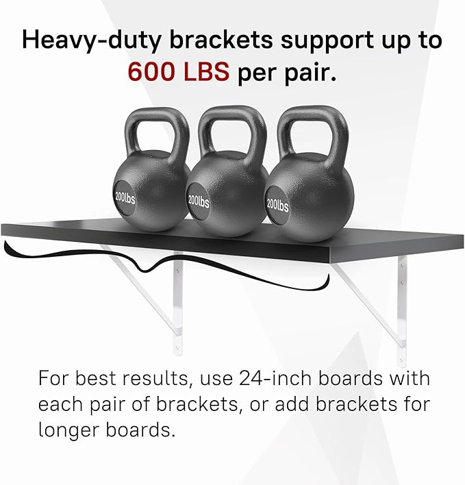 HOME MASTER HARDWARE 20 x 13 inch Heavy Duty Shelf Brackets, 6-Pack White Metal L Brackets - 90 Degree Angle Supports for Wall Mounted Wood Shelving, Floating Shelves with Screws