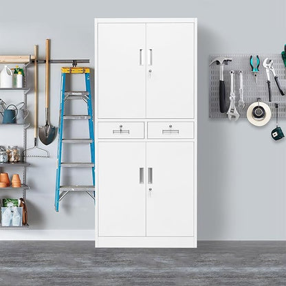 CJF Metal Storage Cabinet with Adjustable Shelves and Drawers, 71" H Locking Pantry Storage Cabinet for Office, Garage, Home, School, Utility (White)