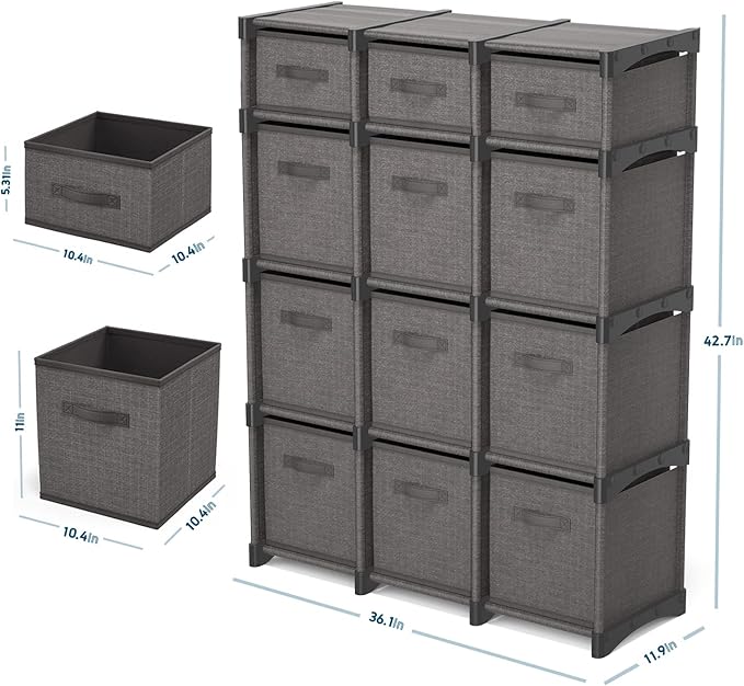 12 Cube Storage Organizer - Gray Cube Shelf Organizer, DIY Storage Cubes Organizer Shelves with Fabric Storage Cubes, Sturdy Cubbies Storage Shelves, Cube Storage Shelf for Bedroom, Playroom and More