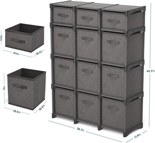 12 Cube Storage Organizer - Gray Cube Shelf Organizer, DIY Storage Cubes Organizer Shelves with Fabric Storage Cubes, Sturdy Cubbies Storage Shelves, Cube Storage Shelf for Bedroom, Playroom and More