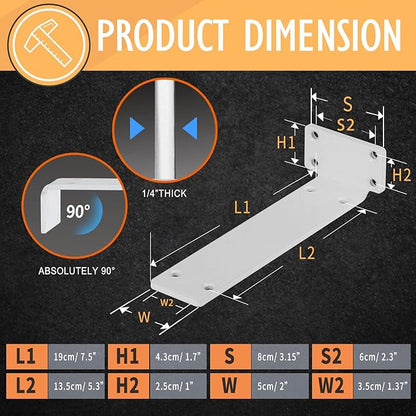 CLT Shelf Bracket( White) , 8” Quarter Inch (1/4") Thick- Max Load: 220 lb Rustic Industrial Modern Farmhouse Heavy Duty Bracket for DIY Table Bench, Pack of 6
