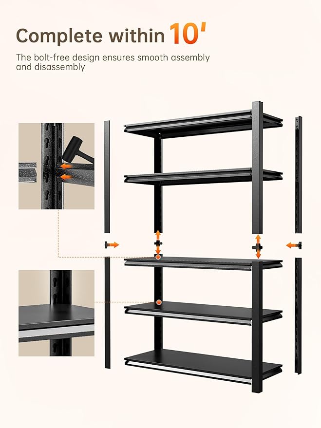 JHYKHG 72" W Storage Shelves,5-Tier Heavy Duty Garage Shelving,Adjustable Shelving Unit,Metal Shelf,Boltless Assembly Rack for Warehouse,Shed,3,000 lb Load,24 x 48 x 72 Inches,Black