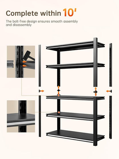 JHYKHG 72" W Storage Shelves,5-Tier Heavy Duty Garage Shelving,Adjustable Shelving Unit,Metal Shelf,Boltless Assembly Rack for Warehouse,Shed,3,000 lb Load,24 x 48 x 72 Inches,Black