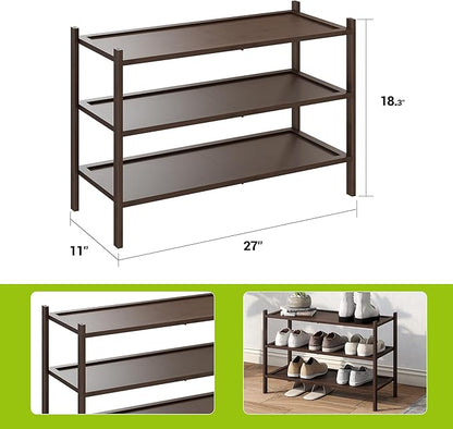 BMOSU 3-Tier Bamboo Shoe Rack Premium Stackable Shoe Shelf Storage Organizer for Hallway Closet Living Room Entryway Organizer(Brown)