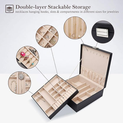 ProCase Jewelry Box for Women, 2 Layers Large Leather Jewelry Organizer Storage Case with Removable Pad for Earrings -Black