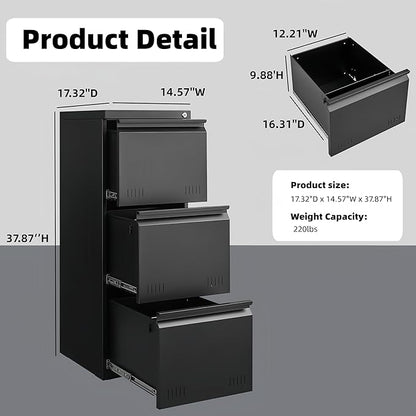 Vertical 3 Drawer File Cabient with Lock, Metal Filing Cabinets for Home Office, Heavty Duty Office Storage Cabinet for A4/Letter/Legal (Matte Black)
