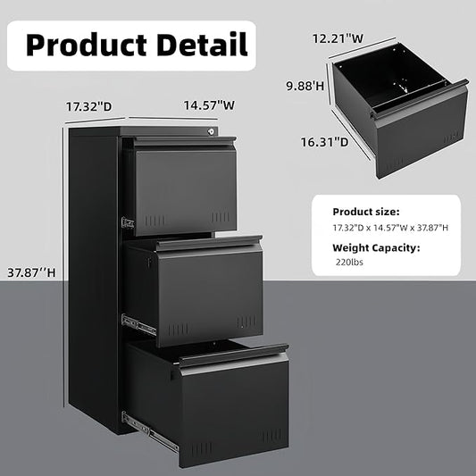 Vertical 3 Drawer File Cabient with Lock, Metal Filing Cabinets for Home Office, Heavty Duty Office Storage Cabinet for A4/Letter/Legal (Matte Black)