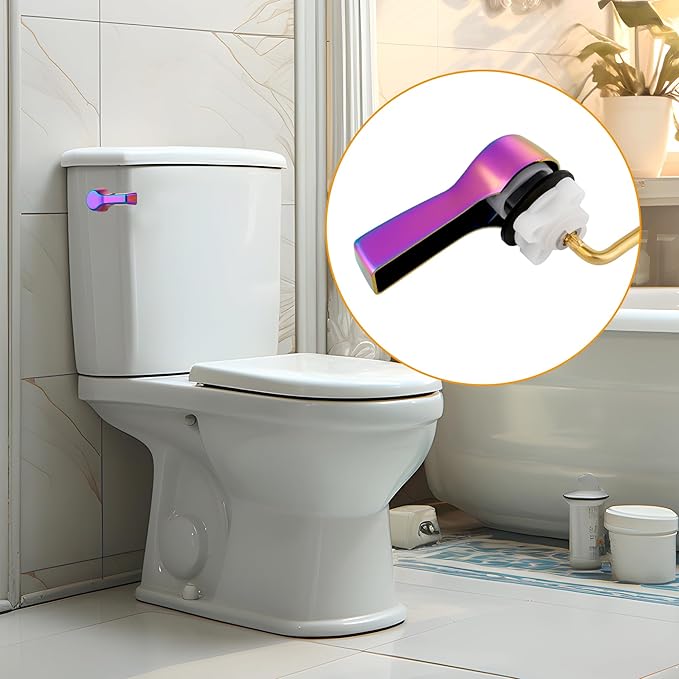 Hibbent Universal Metal Side Mount Toilet Handle Replacement Kit, Brass Toilet Flush Tank Lever with Stainless Steel Flapper Chains for Most Toilets, Rainbow