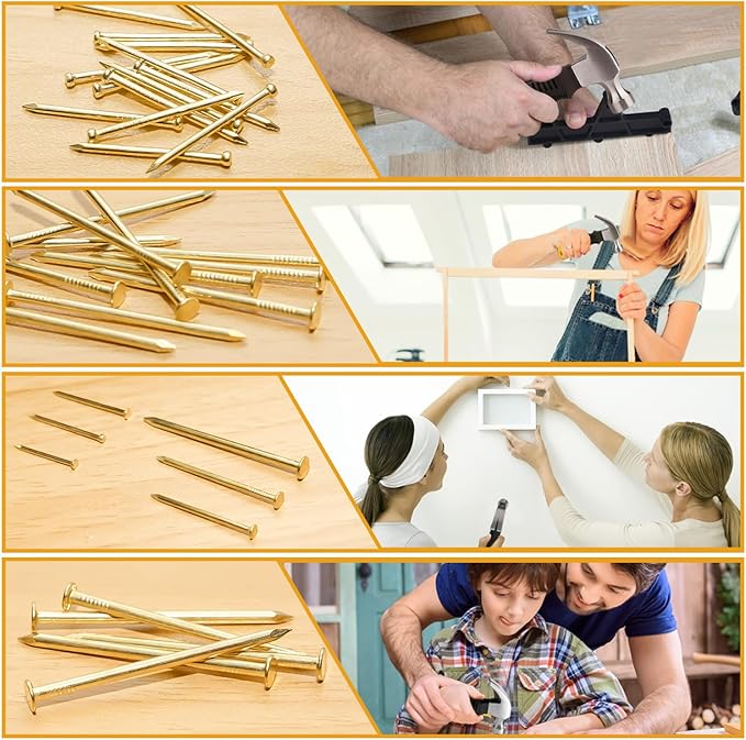 KURUI Gold Picture Hanging Nails Assortment Kit, 700 Pcs Wall Hanging Set for Frame, Art , Photo, 6 Sizes Brass Small Framing Nails for Home Improvement and Wall Decor