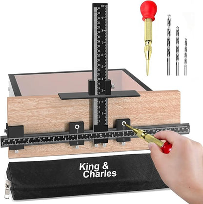 King&Charles Cabinet Hardware Jig, Aluminum Alloy Cabinet Handle Jig + Auto Hole Punch + Point Drils Bits, Use for Handles Knobs Pulls on Drawers/Doors, Wood Drilling Dowelling Guide Set.