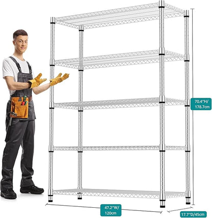 5 Tiers Shelf Metal Storage Shelves 3300 lbs Steel Storage Shelving Utility Shelving Unit Steel Organizer Wire Rack for Home,Kitchen,Office,Garage Chrome 17.7" D x 47.2" W x 70.3" H