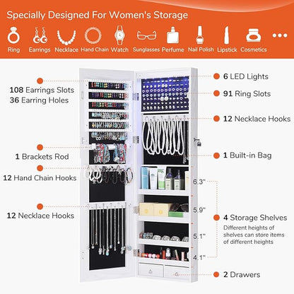 GISSAR Full Length Mirror Jewelry Cabinet, 6 LEDs Jewelry Armoire Wall Mounted Over The Door Hanging, Jewelry Organizer Storage with Lights Lockable White