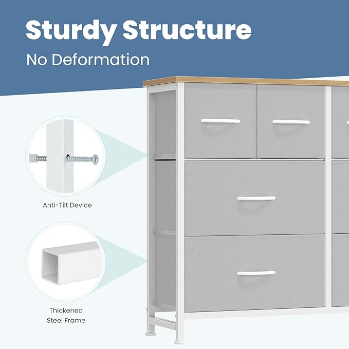 DUMOS TV Stand, Dresser with 8 Fabric Drawers, Spacious Storage Tower for Closet, TV Stand with Wood Top and Mental Frame, Storage Unit for Living Rooms, Bedroom and Entryway, Light Grey