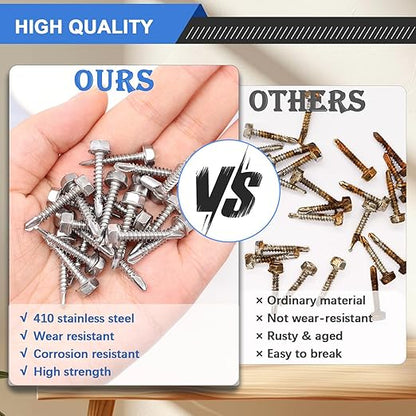 mxuteuk #10×3/4" Self Tapping Screws,410 Stainless Steel Self Tapping Screws for Metal,Self Drilling Screws,Hex Washer Head Sheet Metal Screws Suitable for Wood, Metal or Tough Materials (145PCS)