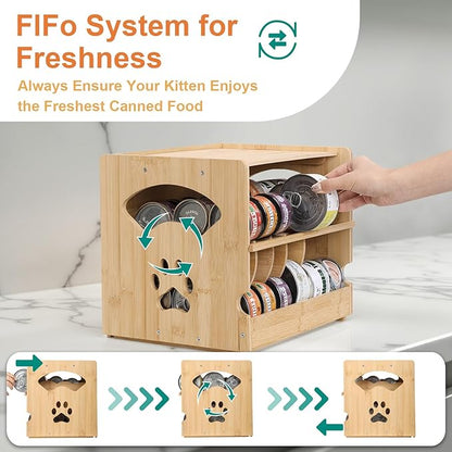 Upgraded Bamboo Cat Food Can Organizer - FIFO Pantry Storage Rack, Holds 42 (3oz) Cans, Stackable Pet Food Can Organizer for Kitchen Pantry (1)