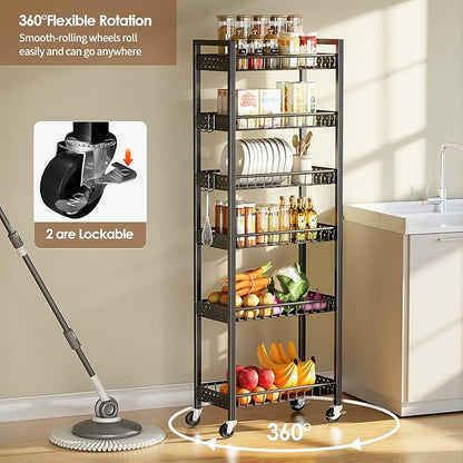 6 Tier Slim Storage Cart, Narrow Rolling Cart with Wheels, Narrow Mobile Utility Shelf Unit Organizer for Kitchen, Bathroom, Laundry Room, Living Room, Small Places, 10in(W), Black