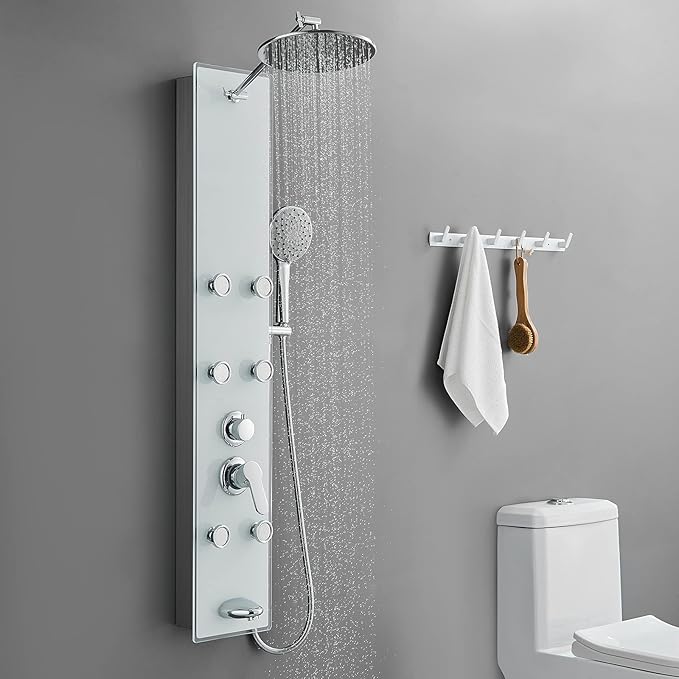 POPFLY Tempered Glass Shower Panel Tower System, 9" Adjustable Shower Arm Height, 304 Stainless Steel White Shower Panels Tower with 6 Massage Jet and Tub Spout