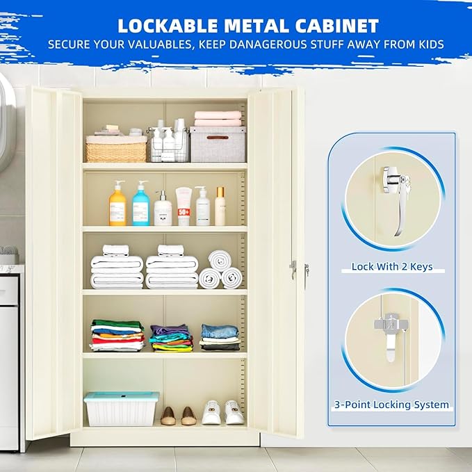 INTERGREAT Metal Storage Cabinet with Lock,72" Tall Steel Cabinets with 2 Doors and 4 Adjustable Shelves,Lockable Steel Storage for Home Office, Garage, Warehouse (Grey)