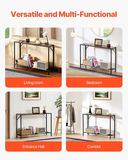 VEVOR Narrow Console Table, 41.7" Behind Couch Shelf with Power Outlets, 2-Tier Long Entryway Shelf, Sofa Table with Metal Frame and Charge Station, for Entryway, Hallway, Living Room