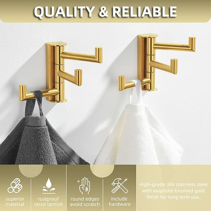 Angle Simple Towel Hooks Swivel, 304 Stainless Steel 3 Arms Foldable Hand Towel Holder, Coat Hooks, Brushed Dark Gold, 2 Pack