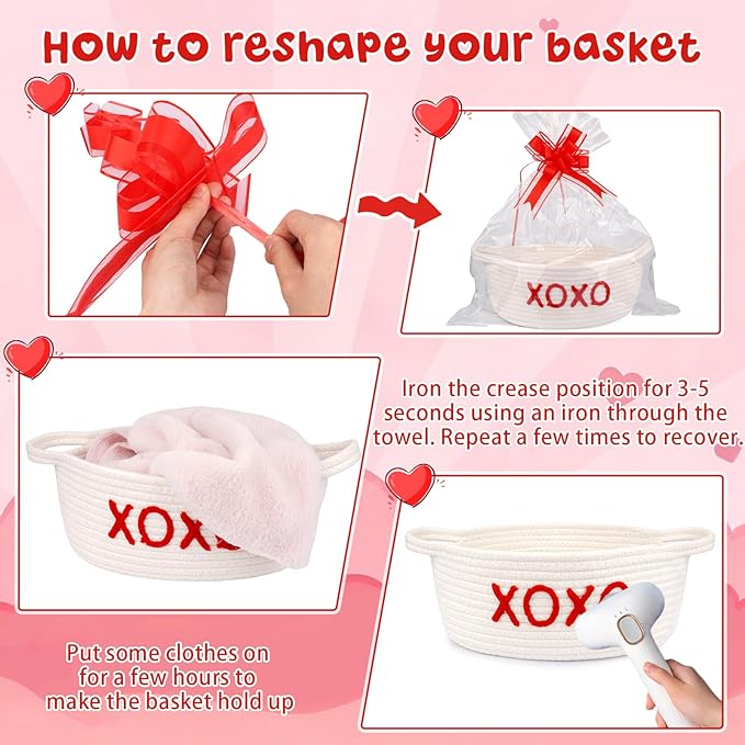 Woven Valentines Baskets for Gifts Empty with Ribbons Bow Tie and Bag, Gift Empty Decorative Box, Woven Rope Basket Storage for Gifts with Handles Home Decor (XOXO) 11" x7"x4.7"