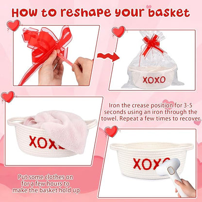 Woven Valentines Baskets for Gifts Empty with Ribbons Bow Tie and Bag, Gift Empty Decorative Box, Woven Rope Basket Storage for Gifts with Handles Home Decor (XOXO) 11" x7"x4.7"