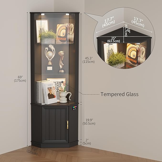 HNEBC 69" Tall Curio Display Cabinet with Glass Door and Movable Shelves,Corner Bookcase with LED Human Sensor Lights,5-Tier RGB Display Case for Collectibles,Bedroom Living Room