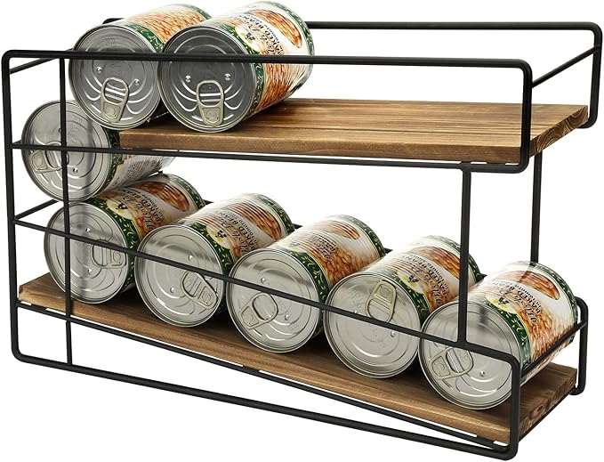 MyGift 2 Tier Stackable Can Holder for Pantry, Can Food Storage Dispenser Rack Organizer, Soda Pop, Pet Cat Dog Food, Rustic Solid Burnt Wood with Black Metal Wire Frame, Front Loading