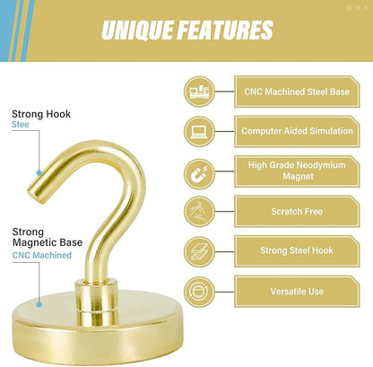 Neosmuk Magnetic Hooks, Heavy Duty 130lb+ Strong Magnet Hook for Cruise Cabins, Cruise Ship Essentials for Hanging, Metal Wall Refrigerator Hangers (Golden, 10 Pack)